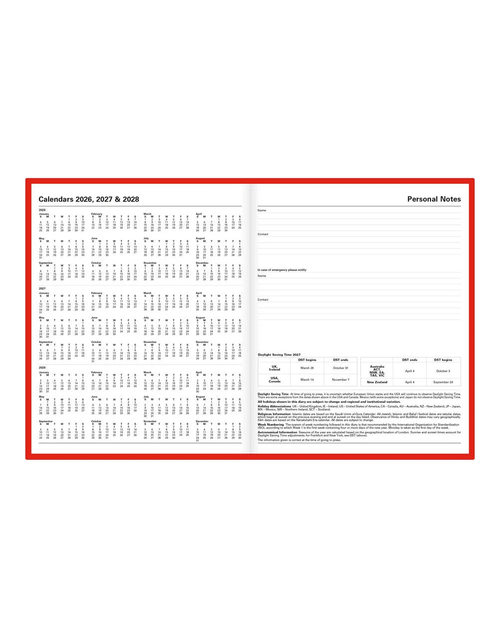 Letts of London - 2027 A5 Standard Quarto Day to a Page Planner- English - Red