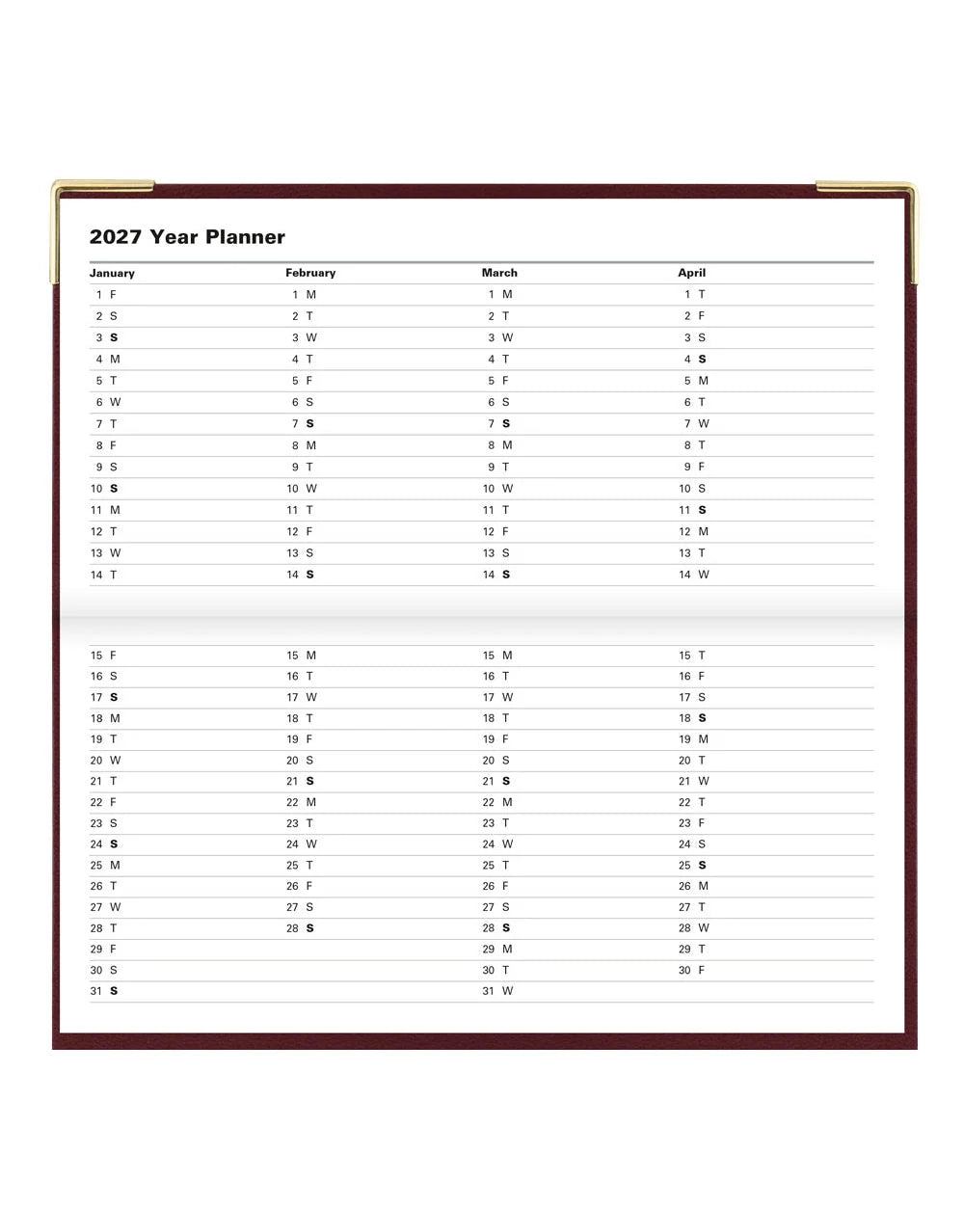 Letts of London - 2027 Classic Slim Landscape Week to View Planner with Appointments and Planners - English - Burgundy