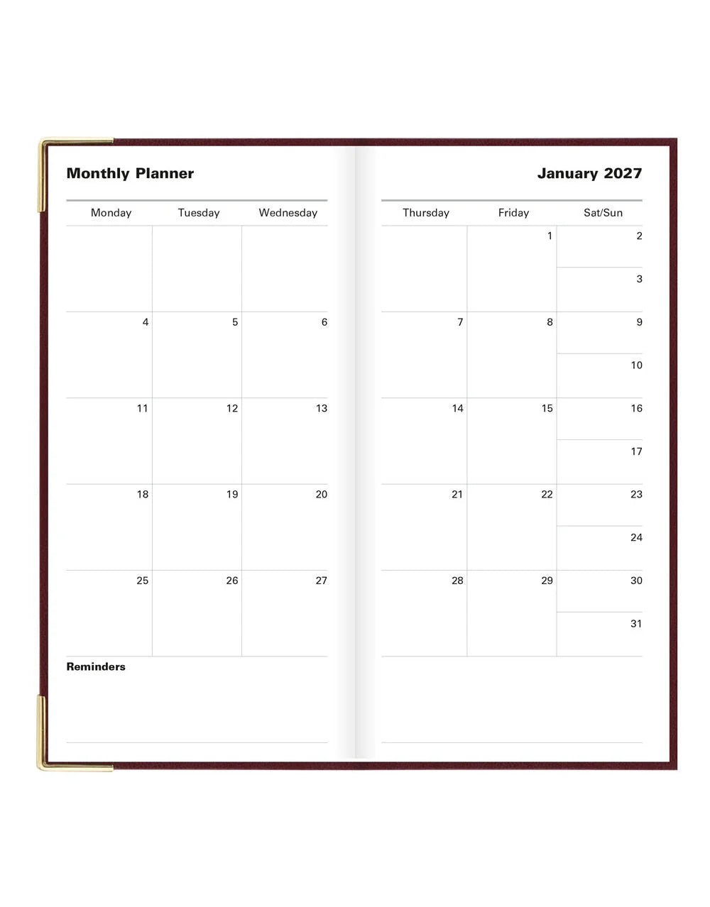 Letts of London - 2027 Classic Slim Week to View Planner with Monthly Planners - English - Burgundy