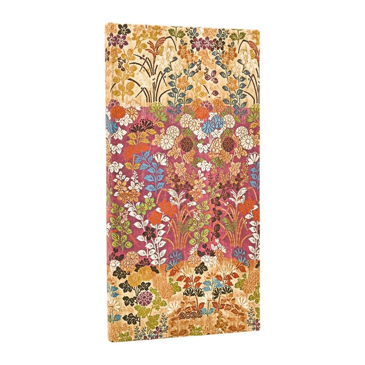 Paperblanks - 2026 Kara-ori Pink, Japanese Kimono, 12-Month Planner, Slim, Horizontal, Elastic Band, 160 Pg, 100 GSM