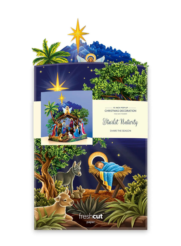 Fresh Cut Paper - 15 Inch Pop-up Christmas Decoration with Note Card - Starlit Nativity