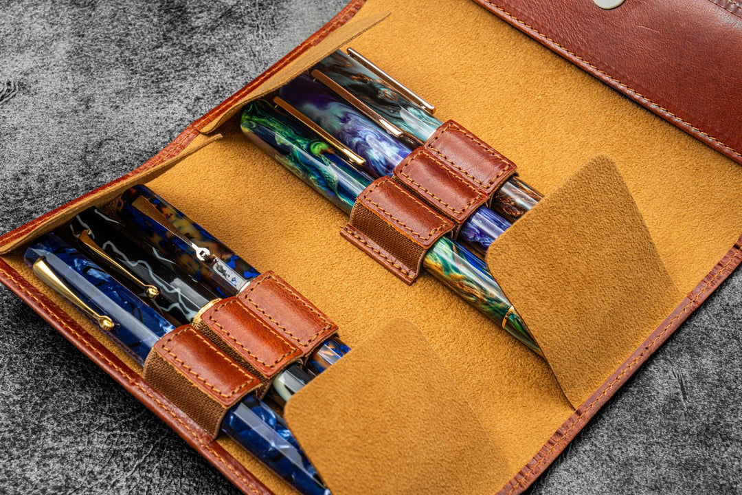 Galen Leather - The Writer's Pen Wrap - 6 Slots Pen Cae - Deep Cognac