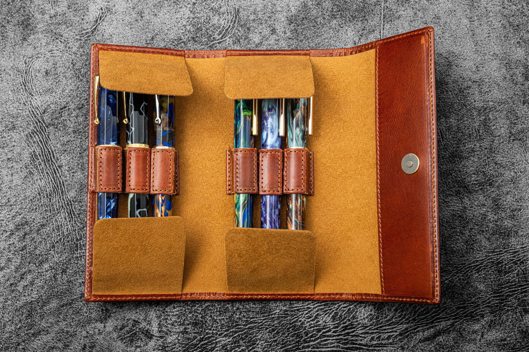 Galen Leather - The Writer's Pen Wrap - 6 Slots Pen Cae - Deep Cognac