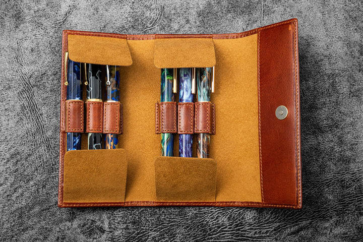 Galen Leather - The Writer's Pen Wrap - 6 Slots Pen Cae - Deep Cognac