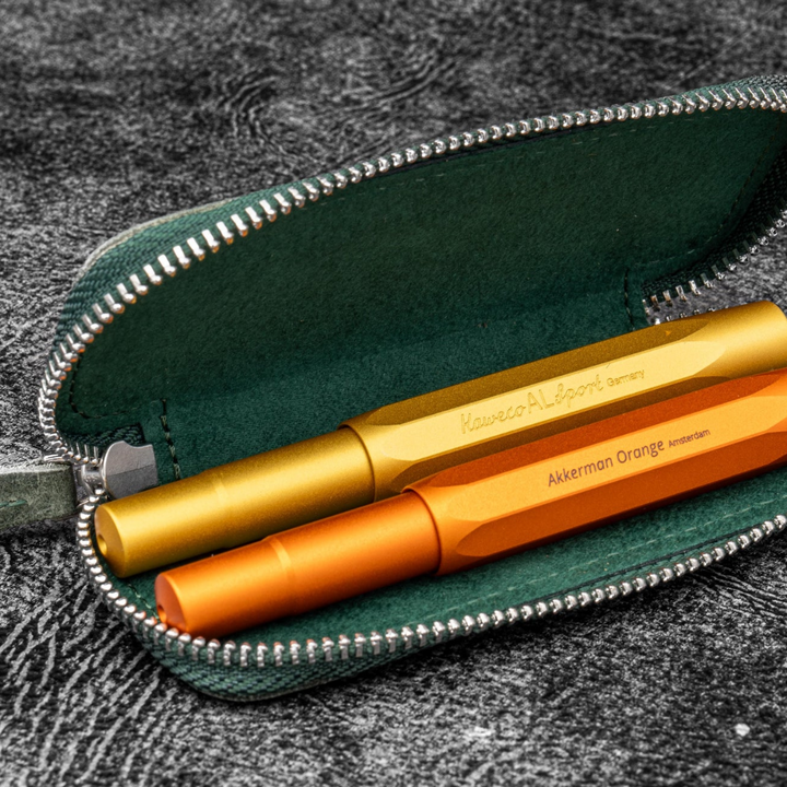 Galen Leather - Leather Zippered Double Pen Case for Kaweco - Pocket Pen - Crazy Horse Forest Green