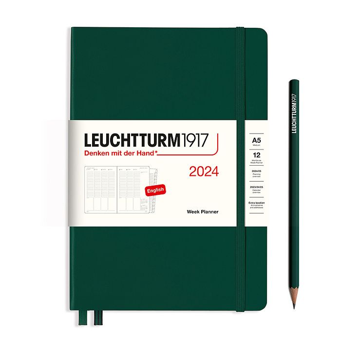 LEUCHTTURM 1917 - A5 Week Planner 2024, with booklet - English - (Black or Forest Green)