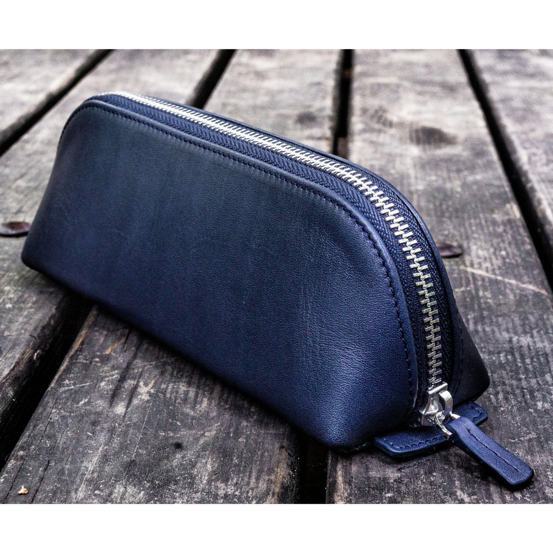 Galen Leather - XLarge Zipper Leather Pencil Case - Navy Blue