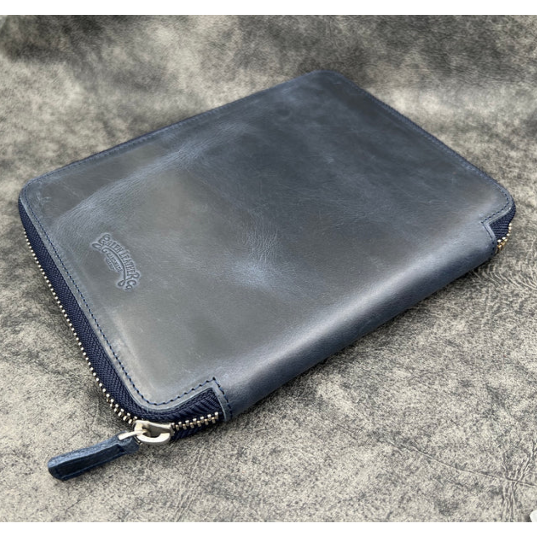 Galen Leather - Leather Zippered 10 Slots Pen Case with A5 Notebook Holder - Crazy Horse Navy Blue