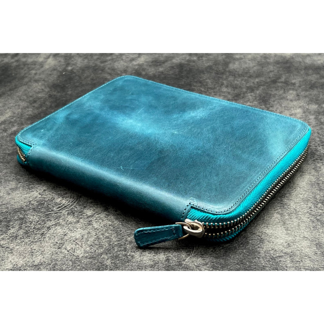 Galen Leather - Leather Zippered 10 Slots Pen Case with A5 Notebook Holder - Crazy Horse Ocean Blue