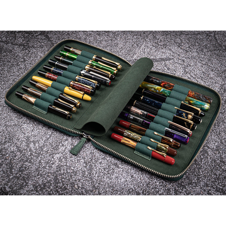 Galen Leather - Leather Zippered 20 Slots Pen Case with A5 Notebook Holder - Crazy Horse Forest Green