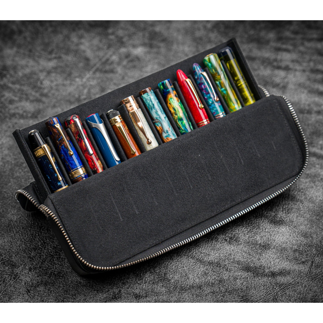 Galen Leather - Zippered Magnum Opus 12 Slots Hard Pen Case with Removable Pen Tray - Black