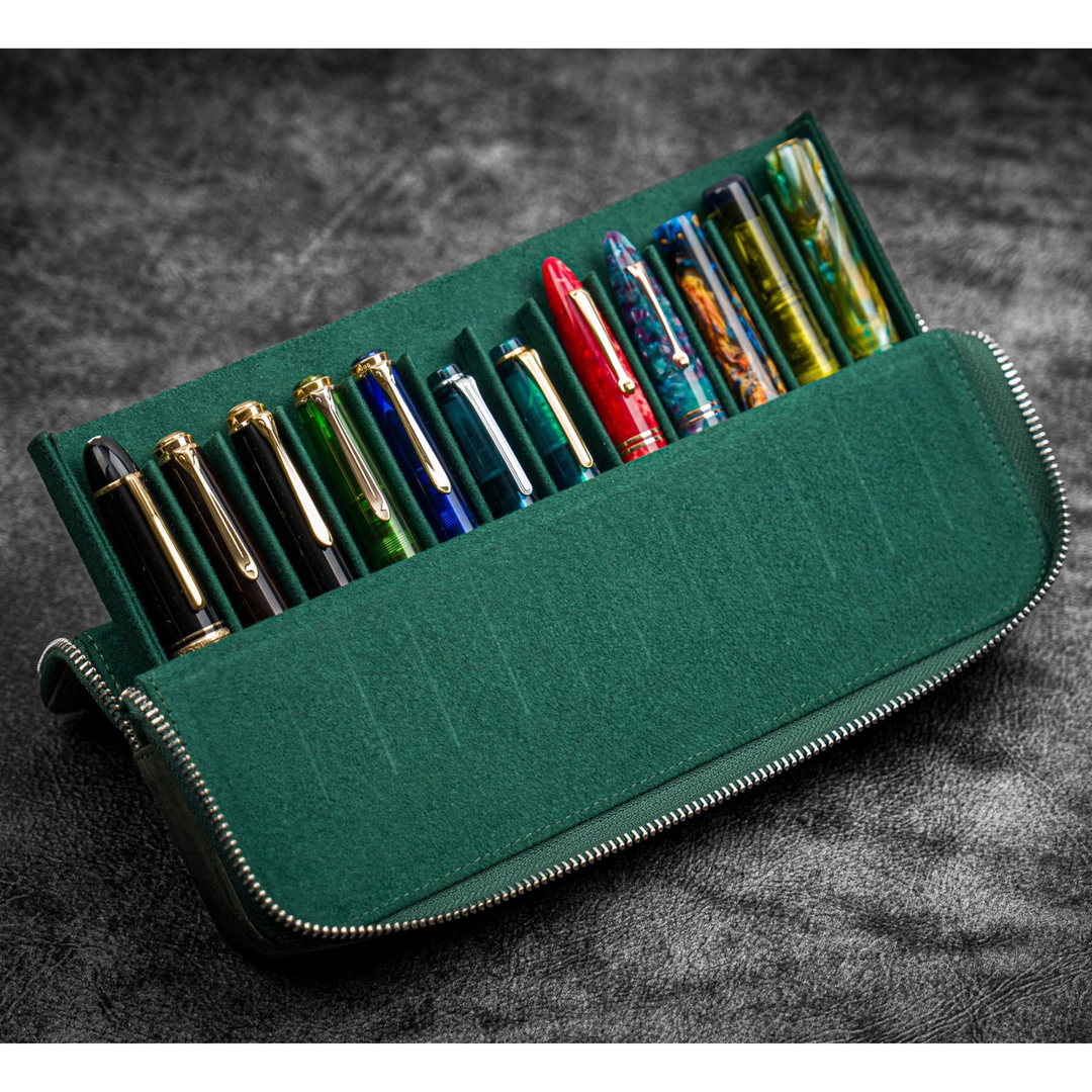 Galen Leather - Zippered Magnum Opus 12 Slots Hard Pen Case with Removable Pen Tray - C. H. Forest Green