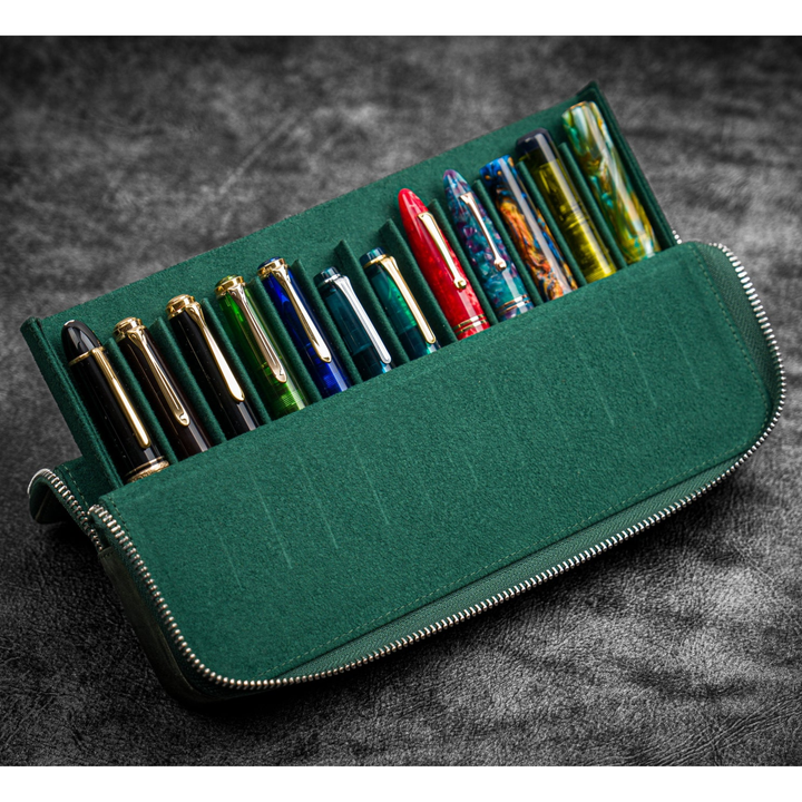 Galen Leather - Zippered Magnum Opus 12 Slots Hard Pen Case with Removable Pen Tray - C. H. Forest Green