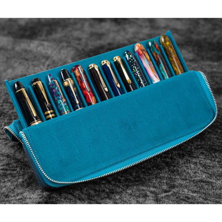Galen Leather - Zippered Magnum Opus 12 Slots Hard Pen Case with Removable Pen Tray - C. H. Ocean Blue