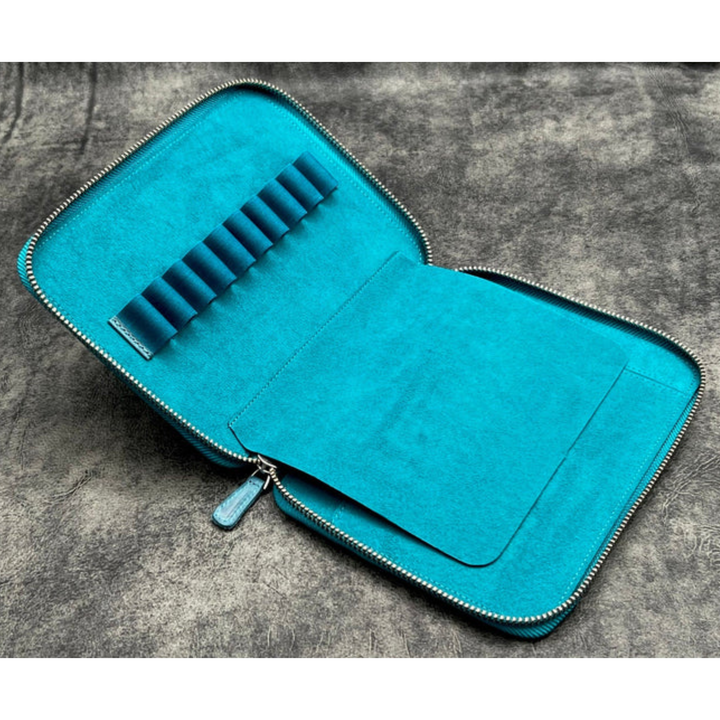 Galen Leather - Leather Zippered 10 Slots Pen Case with A5 Notebook Holder - Crazy Horse Ocean Blue