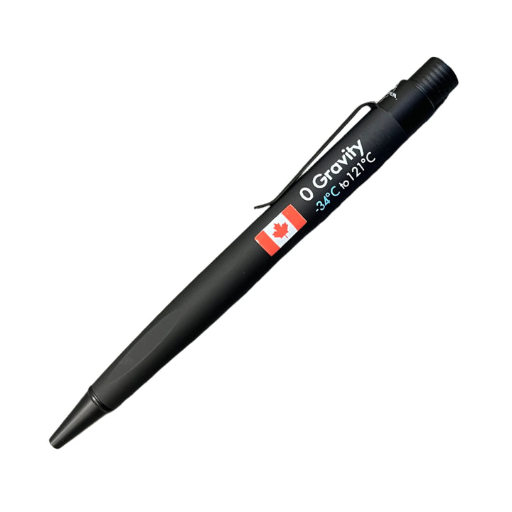 Black pen with '0 Gravity' and Canadian flag on a gray surface