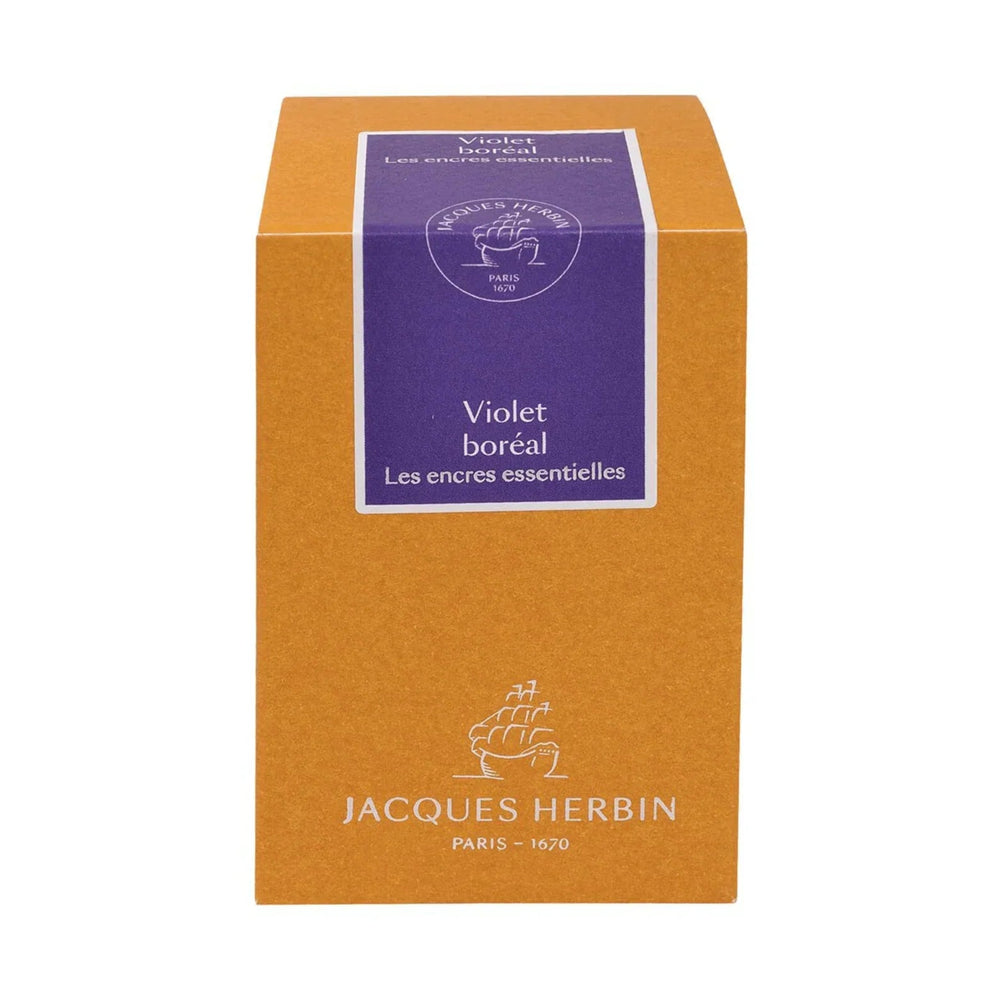 Jacques Herbin ink bottle packaging with purple label on an orange background