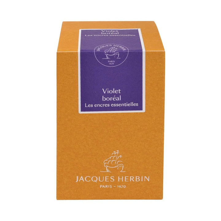 Jacques Herbin ink bottle packaging with purple label on an orange background