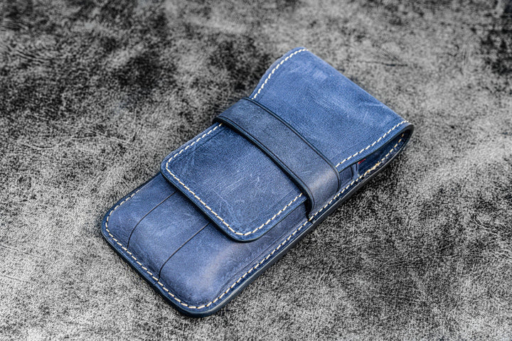 Galen Leather - Leather Flap Pen Case for Three Pens - Crazy Horse Navy Blue