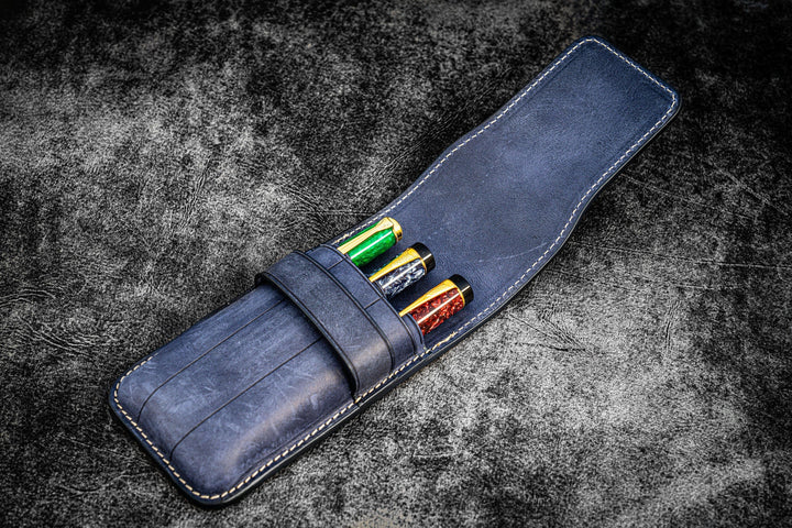 Galen Leather - Leather Flap Pen Case for Three Pens - Crazy Horse Navy Blue