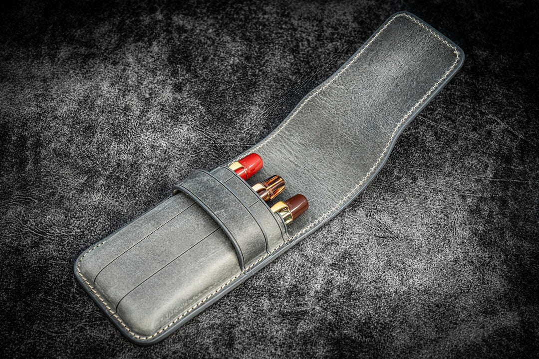 Galen Leather - Leather Flap Pen Case for Three Pens - Crazy Horse Smoky