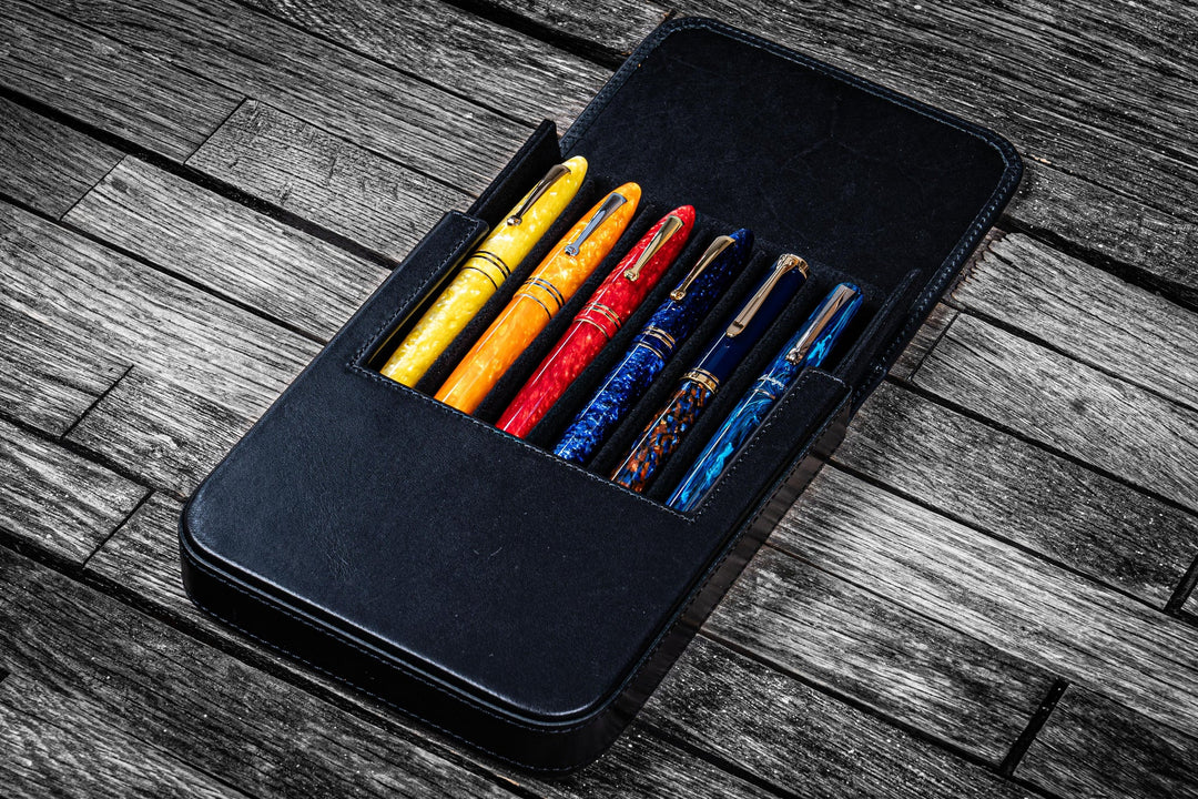 Galen Leather - Leather Magnum Opus 6 Slots Hard Pen Case with Removable Pen Tray - Black