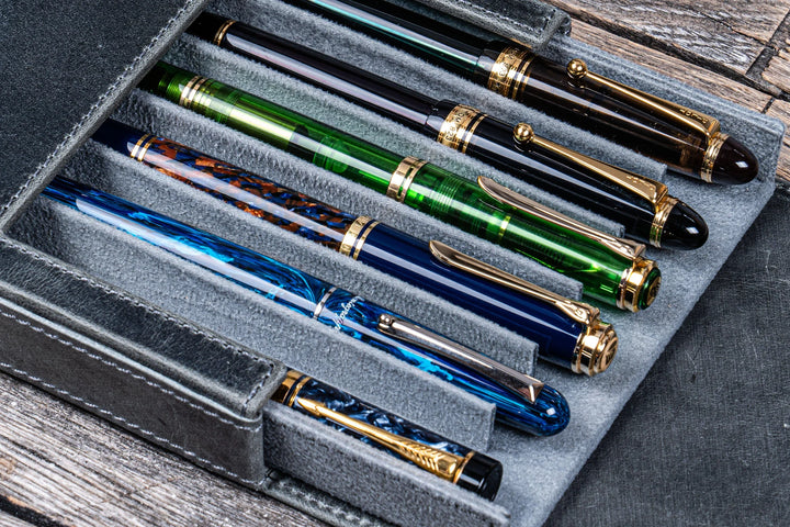 Galen Leather - Leather Magnum Opus 6 Slots Hard Pen Case with Removable Pen Tray - Crazy Horse Smoky