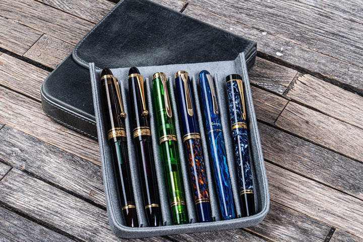 Galen Leather - Leather Magnum Opus 6 Slots Hard Pen Case with Removable Pen Tray - Crazy Horse Smoky