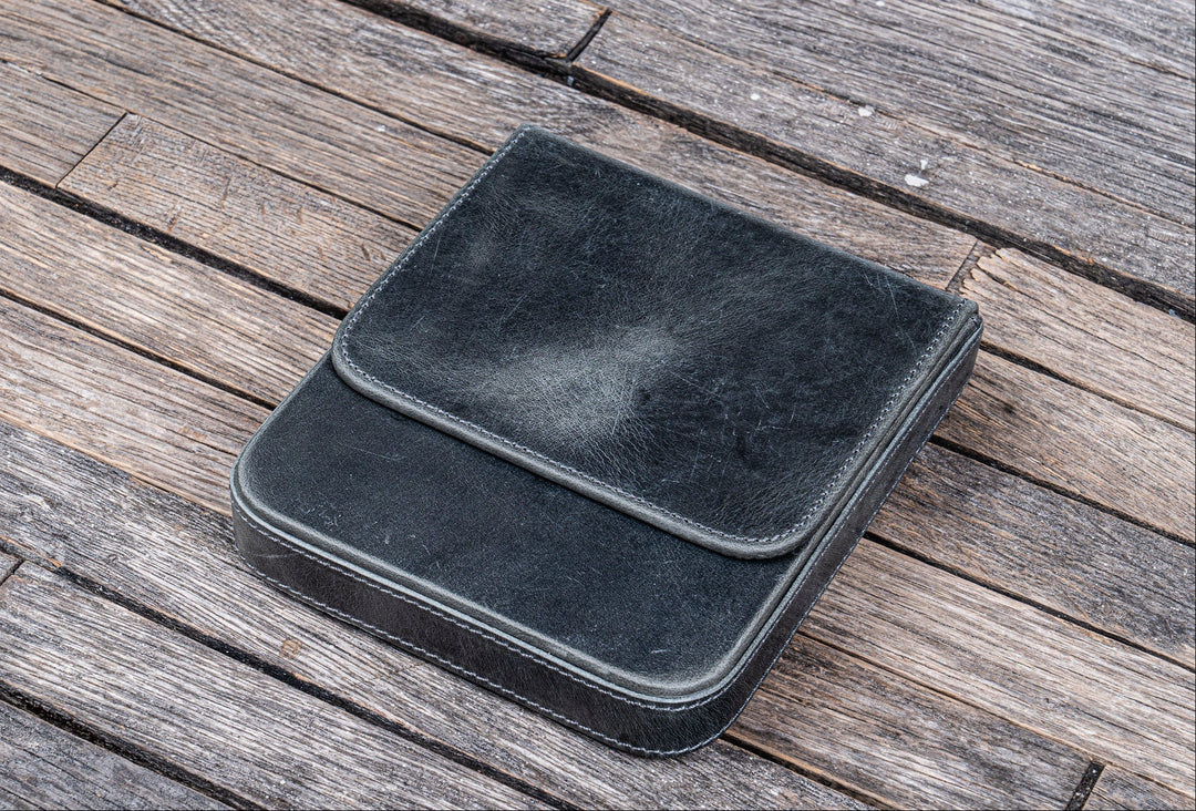 Galen Leather - Leather Magnum Opus 6 Slots Hard Pen Case with Removable Pen Tray - Crazy Horse Smoky