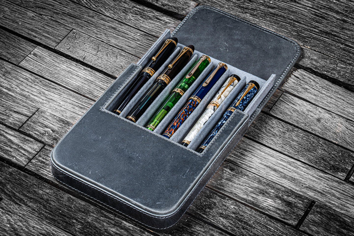 Galen Leather - Leather Magnum Opus 6 Slots Hard Pen Case with Removable Pen Tray - Crazy Horse Smoky