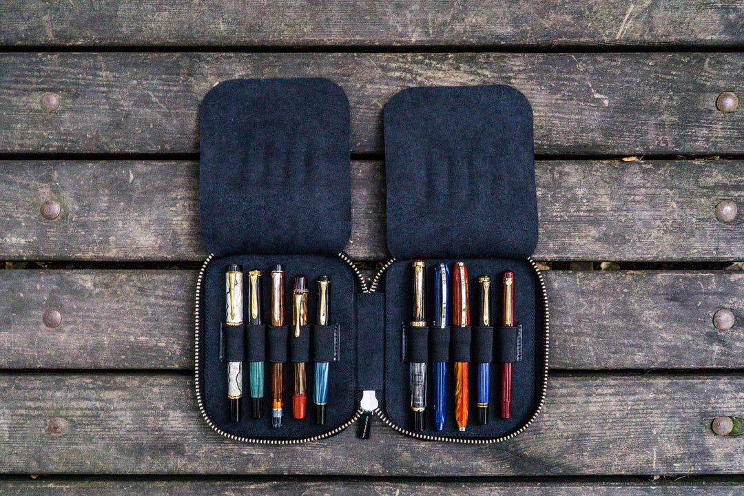 Galen Leather - Leather Zippered 10 Slots Pen Case - Black