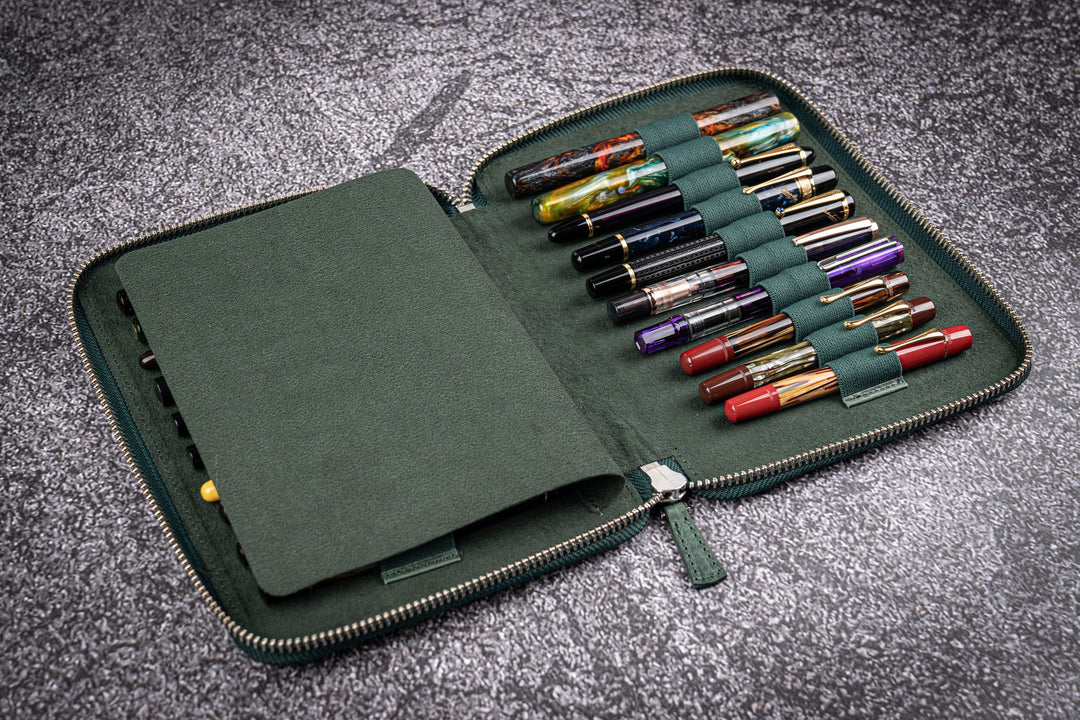 Galen Leather - Leather Zippered 20 Slots Pen Case with A5 Notebook Holder - Crazy Horse Forest Green
