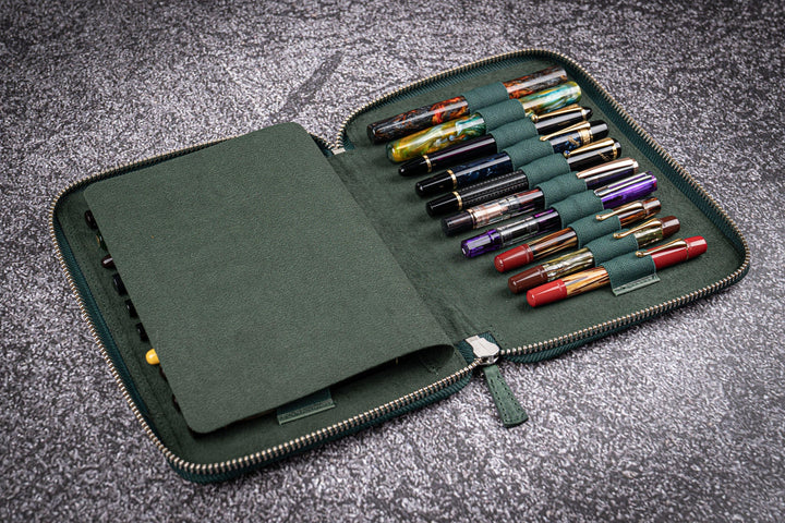 Galen Leather - Leather Zippered 20 Slots Pen Case with A5 Notebook Holder - Crazy Horse Forest Green