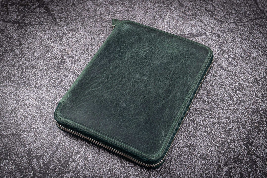 Galen Leather - Leather Zippered 20 Slots Pen Case with A5 Notebook Holder - Crazy Horse Forest Green