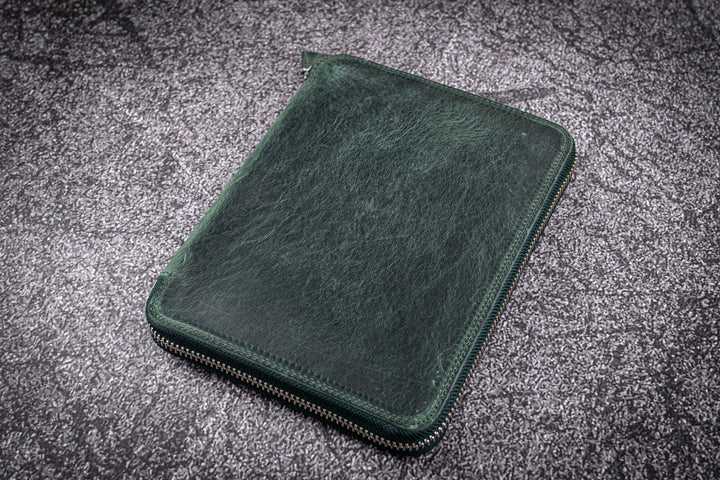 Galen Leather - Leather Zippered 20 Slots Pen Case with A5 Notebook Holder - Crazy Horse Forest Green