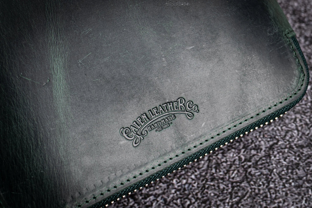Galen Leather - Leather Zippered 20 Slots Pen Case with A5 Notebook Holder - Crazy Horse Forest Green