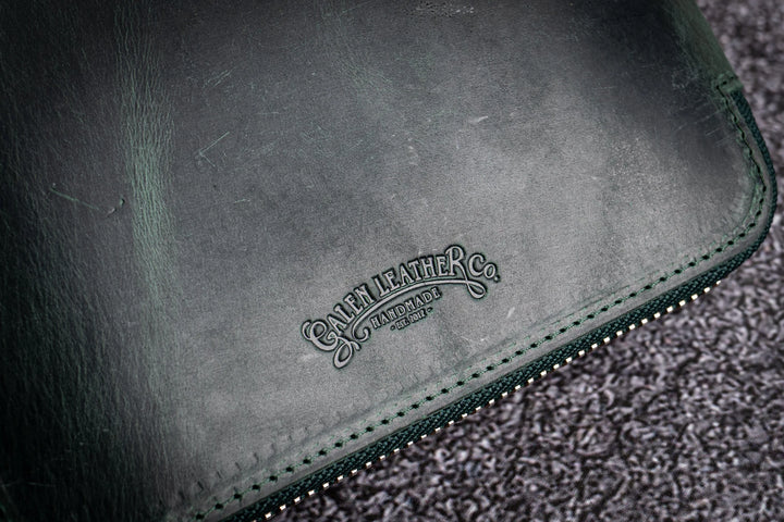 Galen Leather - Leather Zippered 20 Slots Pen Case with A5 Notebook Holder - Crazy Horse Forest Green