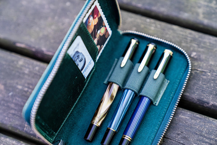 Galen Leather - Leather Zippered 3 Slots Pen Case - Crazy Horse Forest Green