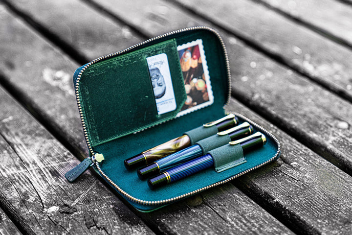Galen Leather - Leather Zippered 3 Slots Pen Case - Crazy Horse Forest Green