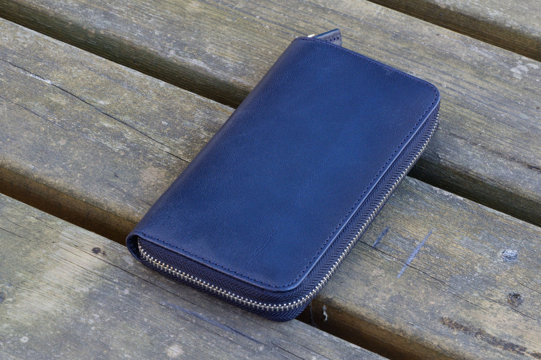 Galen Leather - Leather Zippered 3 Slots Pen Case - Navy Blue