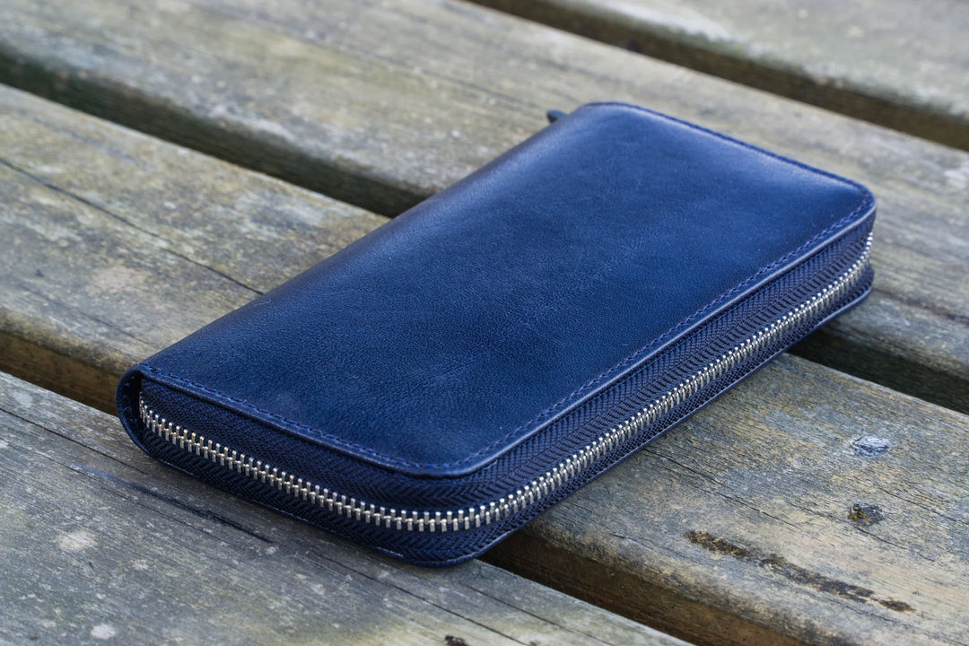 Galen Leather - Leather Zippered 3 Slots Pen Case - Navy Blue