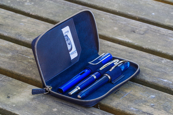 Galen Leather - Leather Zippered 3 Slots Pen Case - Navy Blue