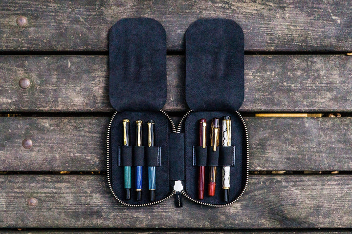 Galen Leather - Leather Zippered 6 Slots Pen Case - Black