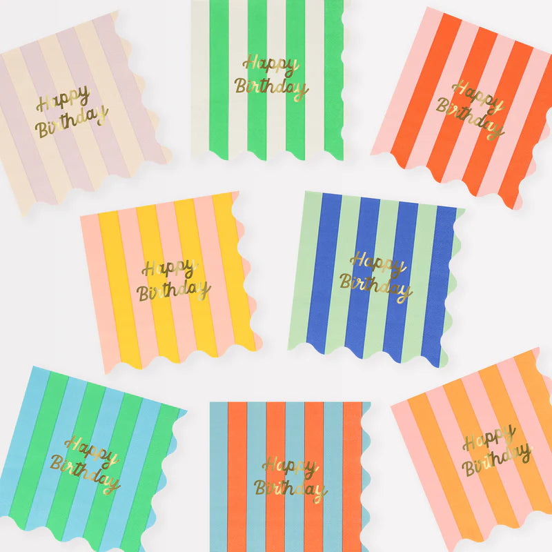 MERI MERI - Stripe Happy Birthday Large Napkins - Assorted Colours - Pack of 16 - 13`` X 13``