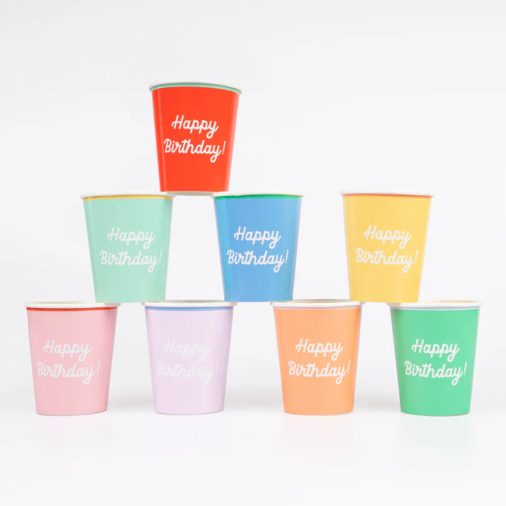 MERI MERI - Mixed Happy Birthday Cups - Set of 8 - Assorted Colours
