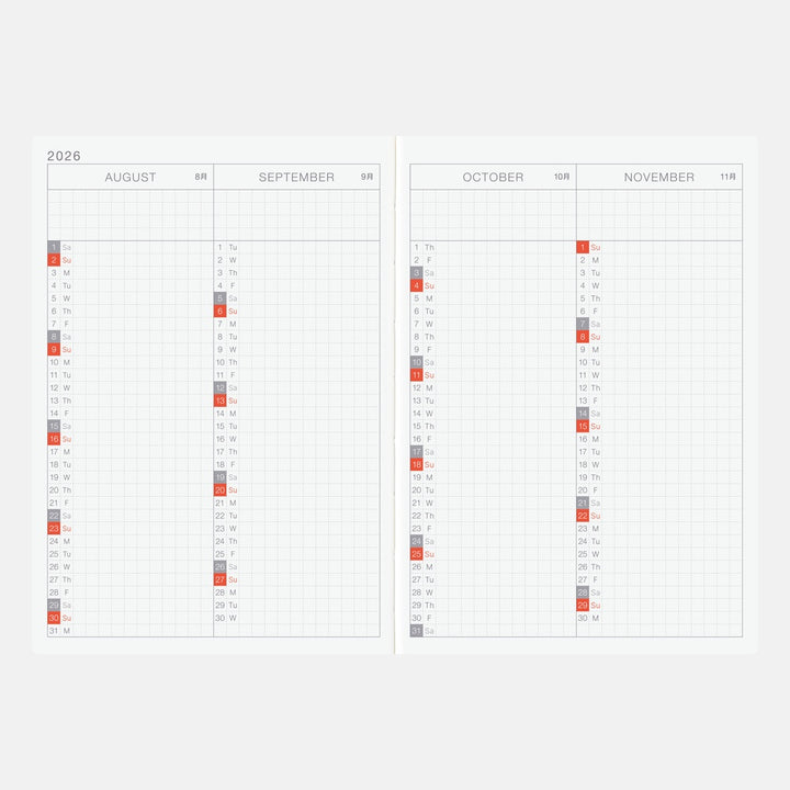 Hobonichi Techo 2026 - A6 English Original Book - 2026 January start (Monday start)