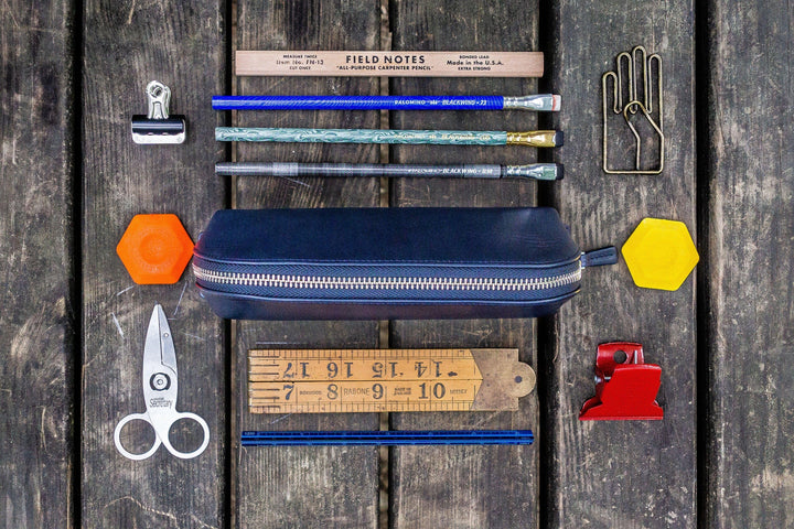 Galen Leather - XLarge Zipper Leather Pencil Case - Navy Blue