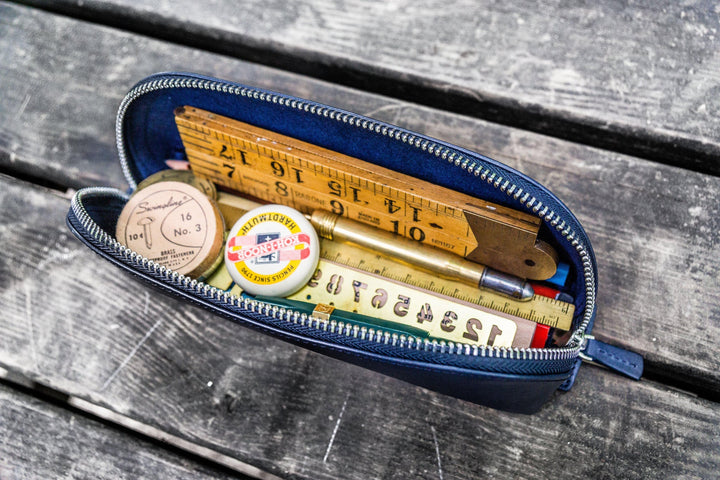 Galen Leather - XLarge Zipper Leather Pencil Case - Navy Blue