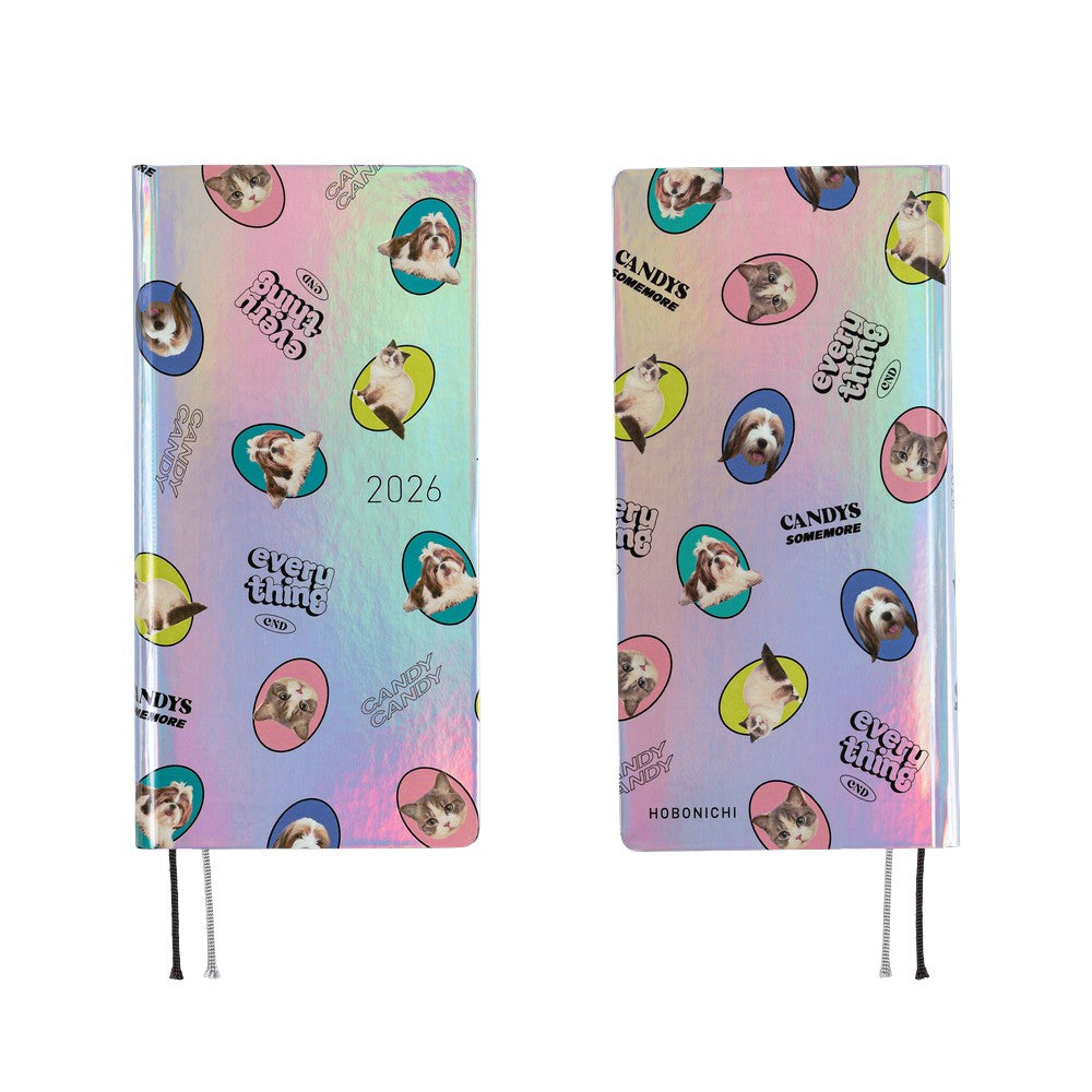Hobonichi Techo 2026 - Weeks/Wallet Planner Book - Candy Stripper: Random Dog & Cat (Aurora) [English/Tall & Slim/Jan Start]