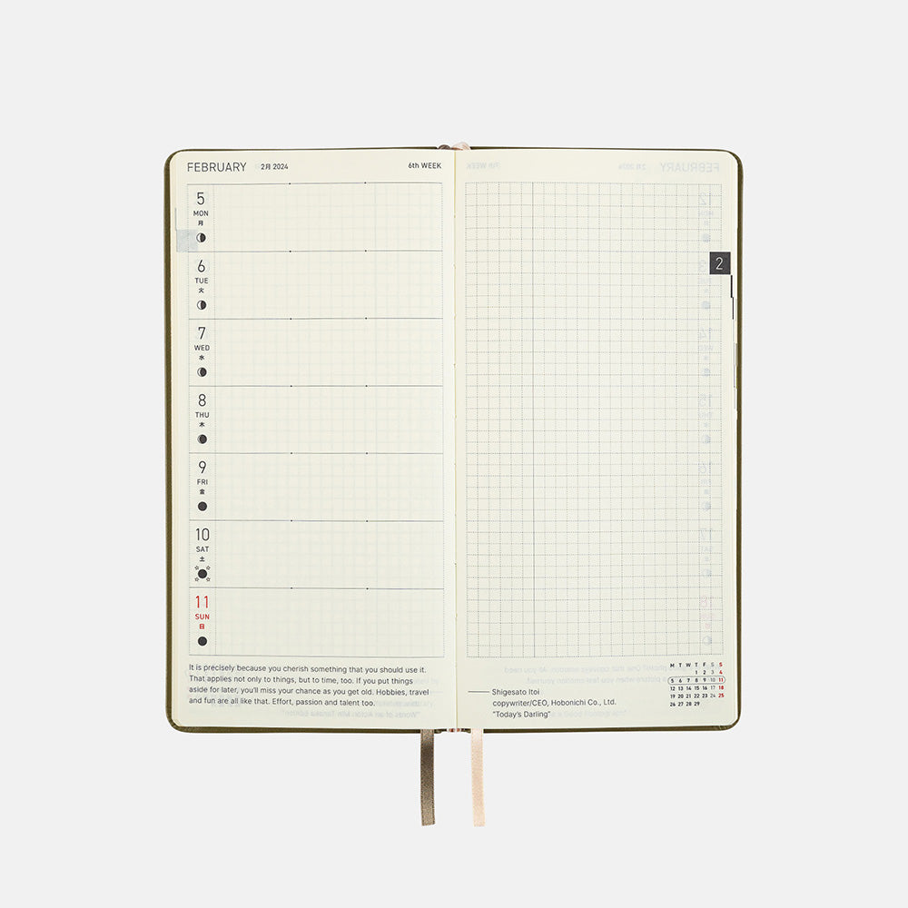 Hobonichi Techo 2024 - Weeks/Wallet Planner Book - Leather: Olive Green (English/Monday Start/January Start)